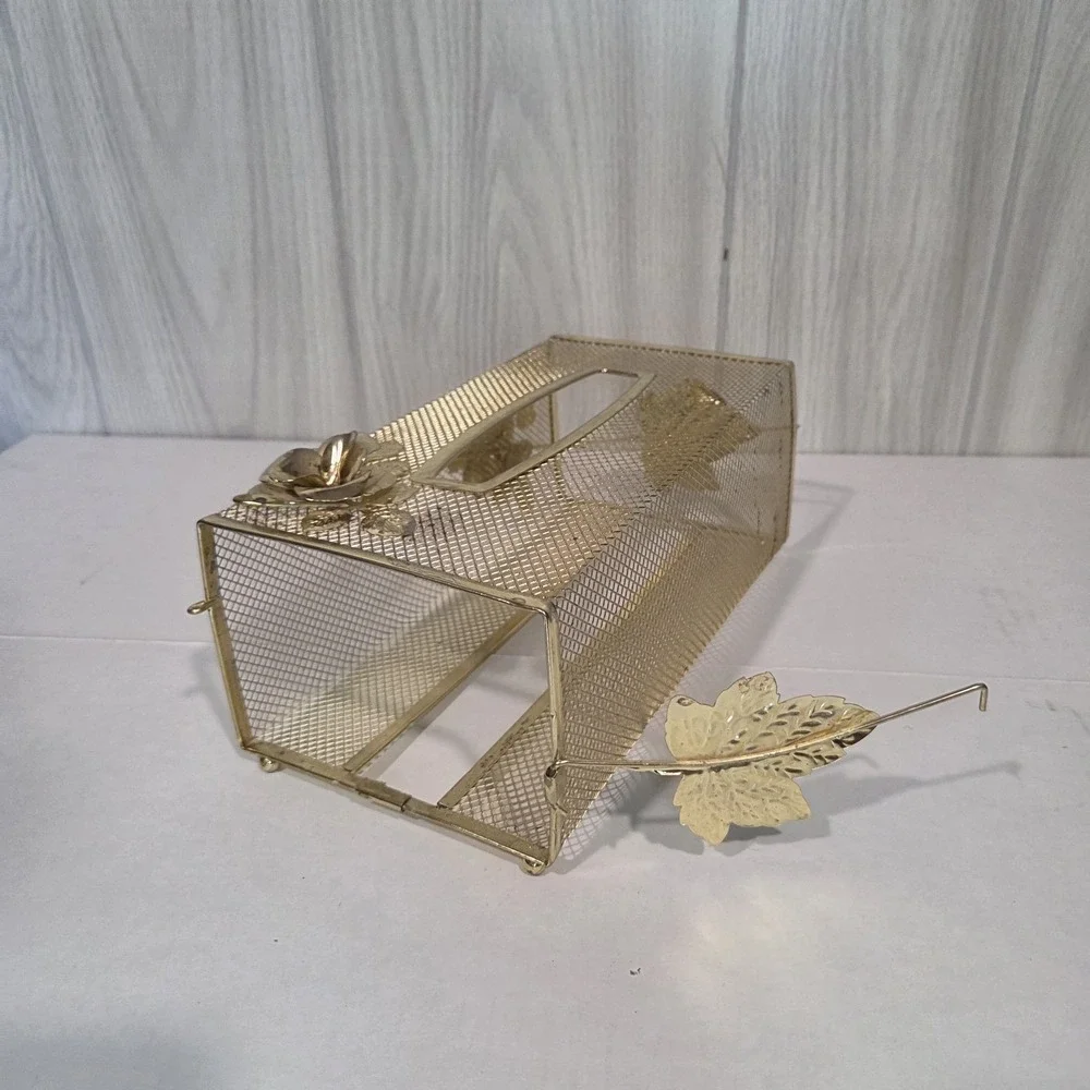 Vintage Ornate Goldtone Filigree TISSUE/KLEENEX BOX HOLDER~Rose Design~Footed